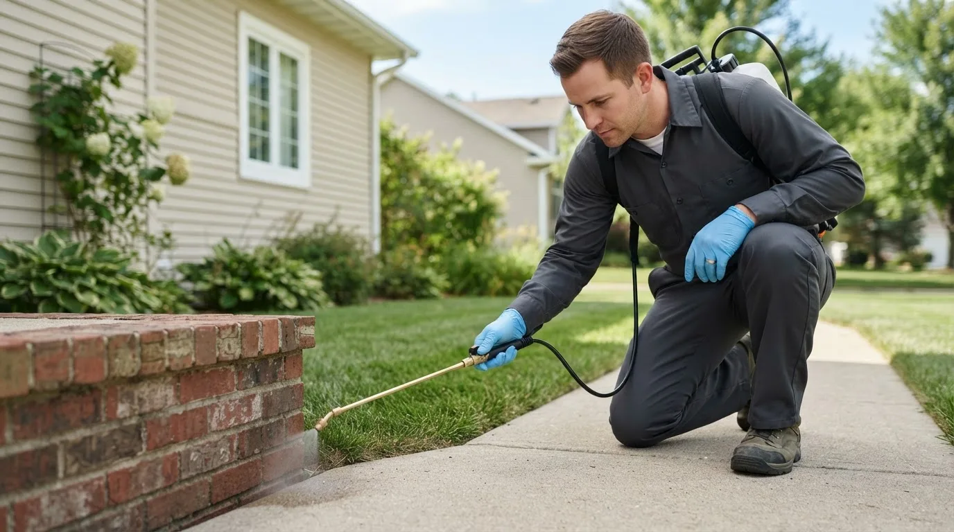 Pest control technician treating a home near Foxburg, PA
