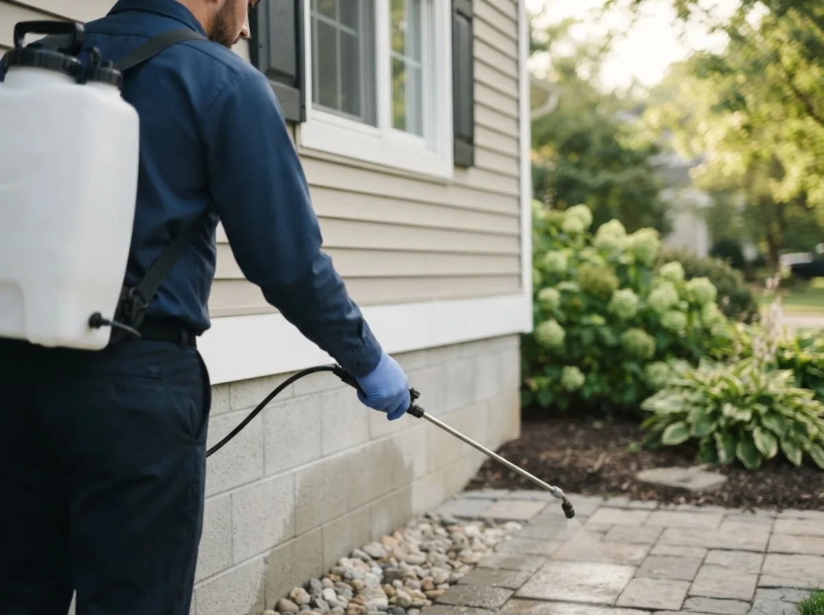 Pest control technician inspecting a home in Foxburg, PA